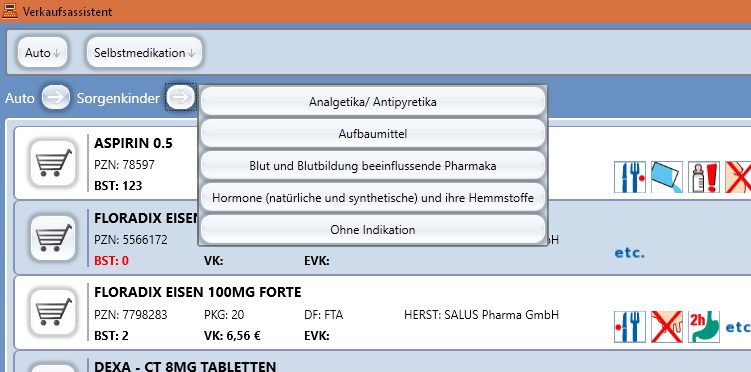 Verkaufsassistent: Gruppierung der Kategorien nach Indikationen